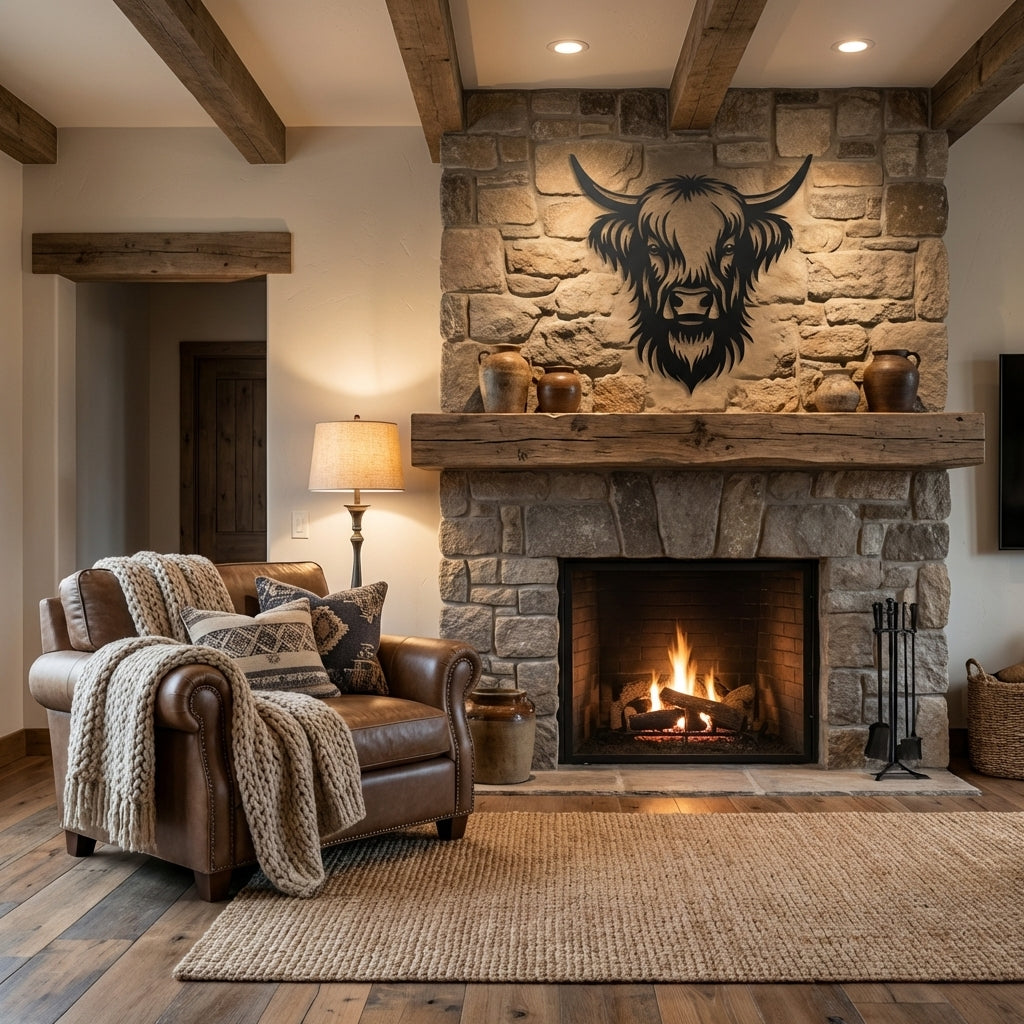 Highland Cow Metal Wall Art - Interior Mockup