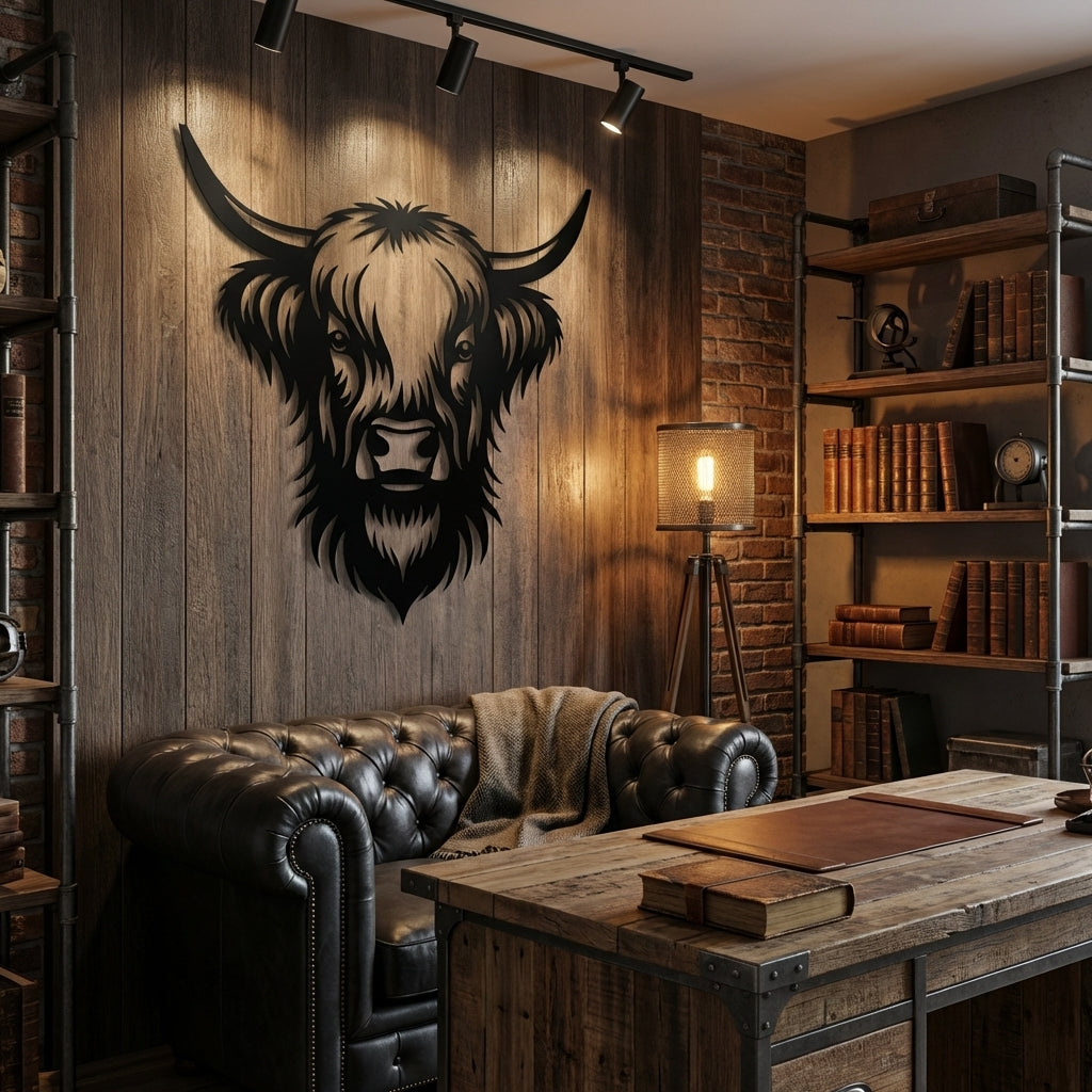 Highland Cow Metal Wall Art - Interior Mockup