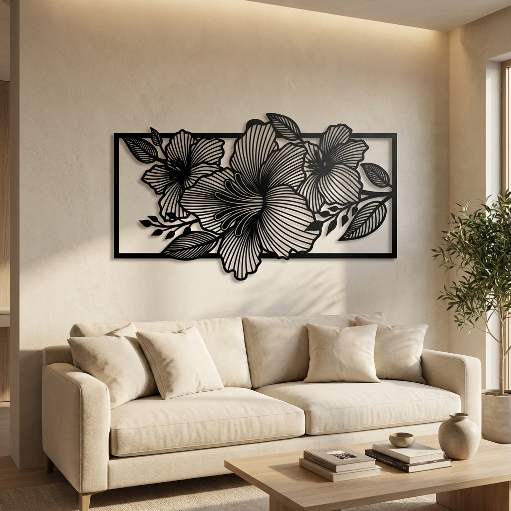 Linear Floral Frame Metal Wall Art - Interior Mockup