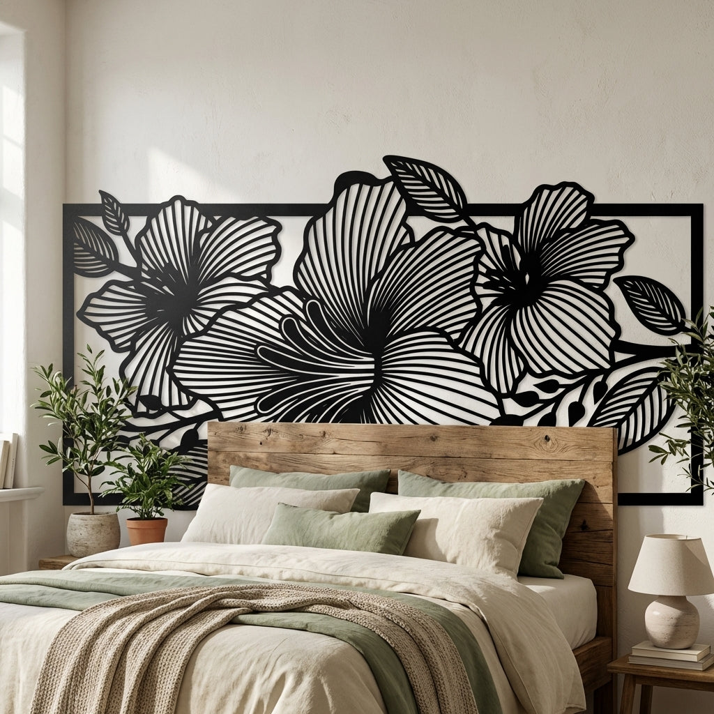 Linear Floral Frame Metal Wall Art - Interior Mockup