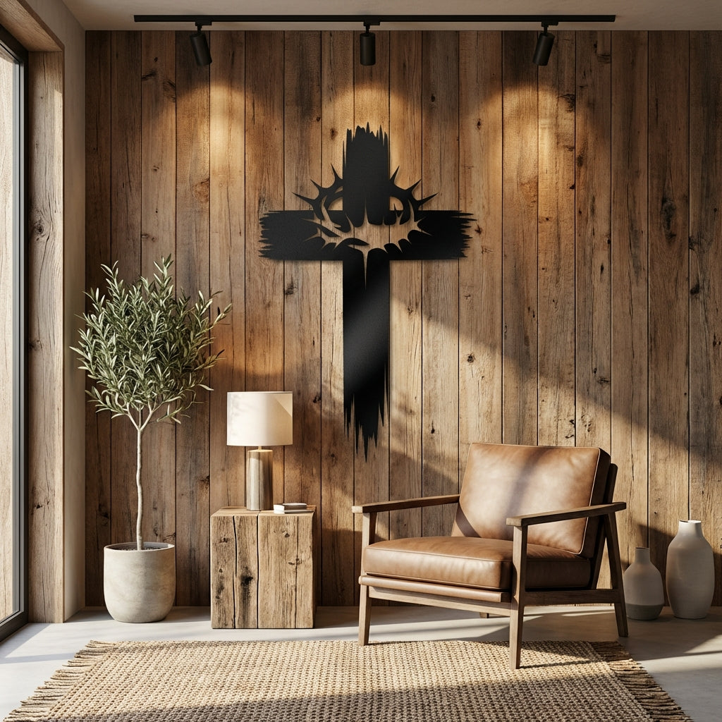 Rugged Thorn Cross Metal Wall Art - Interior Mockup