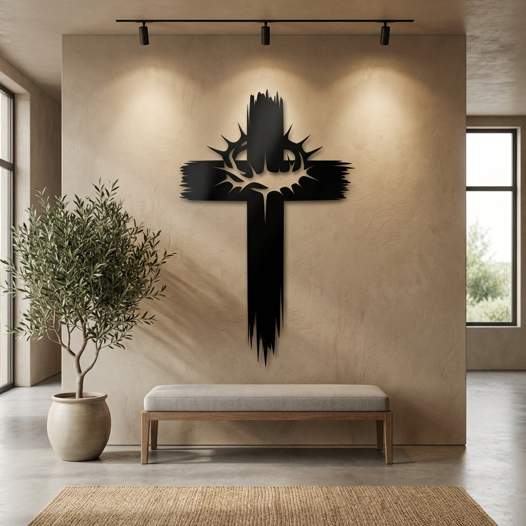 Rugged Thorn Cross Metal Wall Art - Interior Mockup
