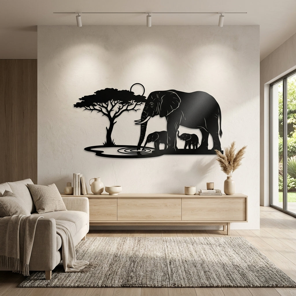 Elephant Oasis Metal Wall Art - Interior Mockup
