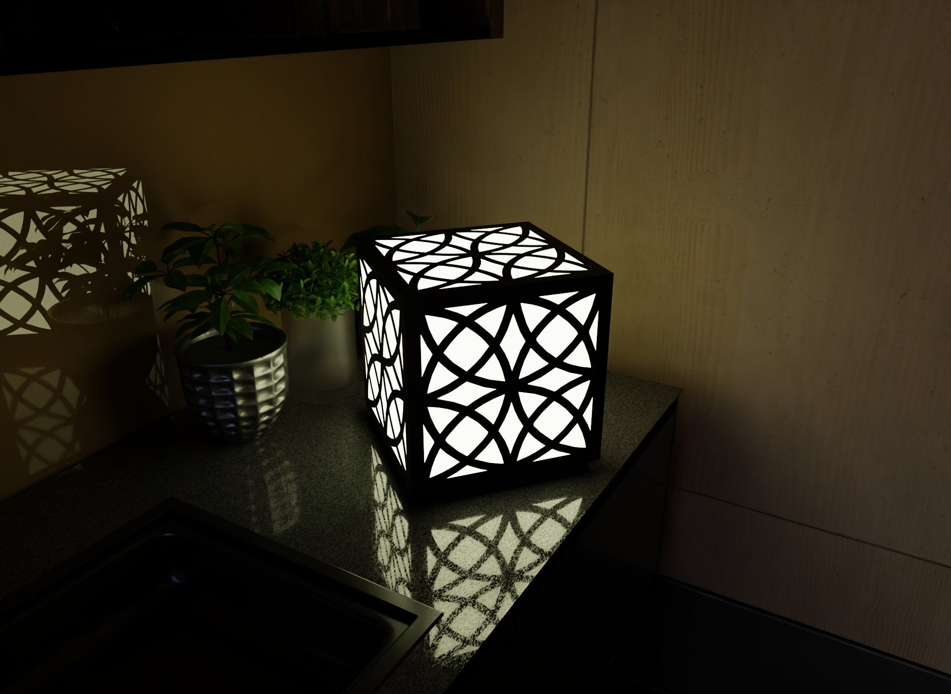 300mm metal cube lamp featuring an arc weave cut-out pattern, white plexiglass panels, and a textured black finish.
