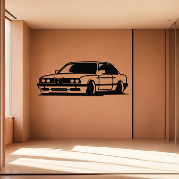 High-quality metal wall art featuring the "BMW E30 - Version 2 Metal Wall Art" crafted from durable steel with a sleek black powder-coated finish.