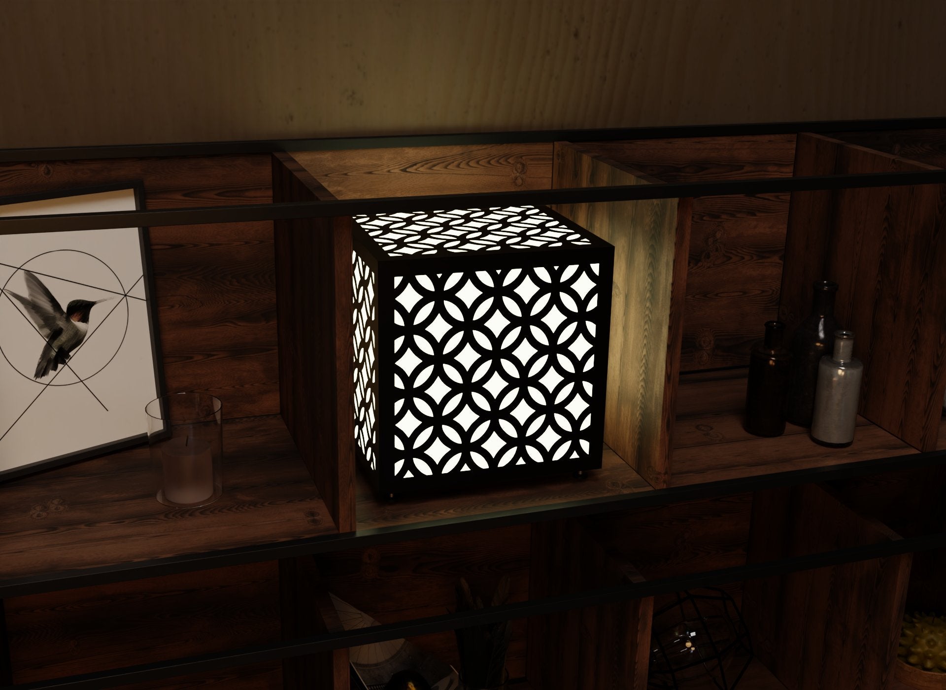 300mm metal cube lamp featuring a circle mosaic cut-out pattern, white plexiglass panels, and a textured black finish.