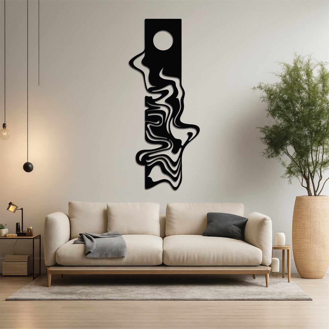 High-quality metal wall art featuring the "Contemporary Moon Waves Metal Wall Art" crafted from durable steel with a sleek black powder-coated finish.