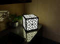 300mm metal cube lamp featuring a diamond star cut-out pattern, white plexiglass panels, and a textured black finish.