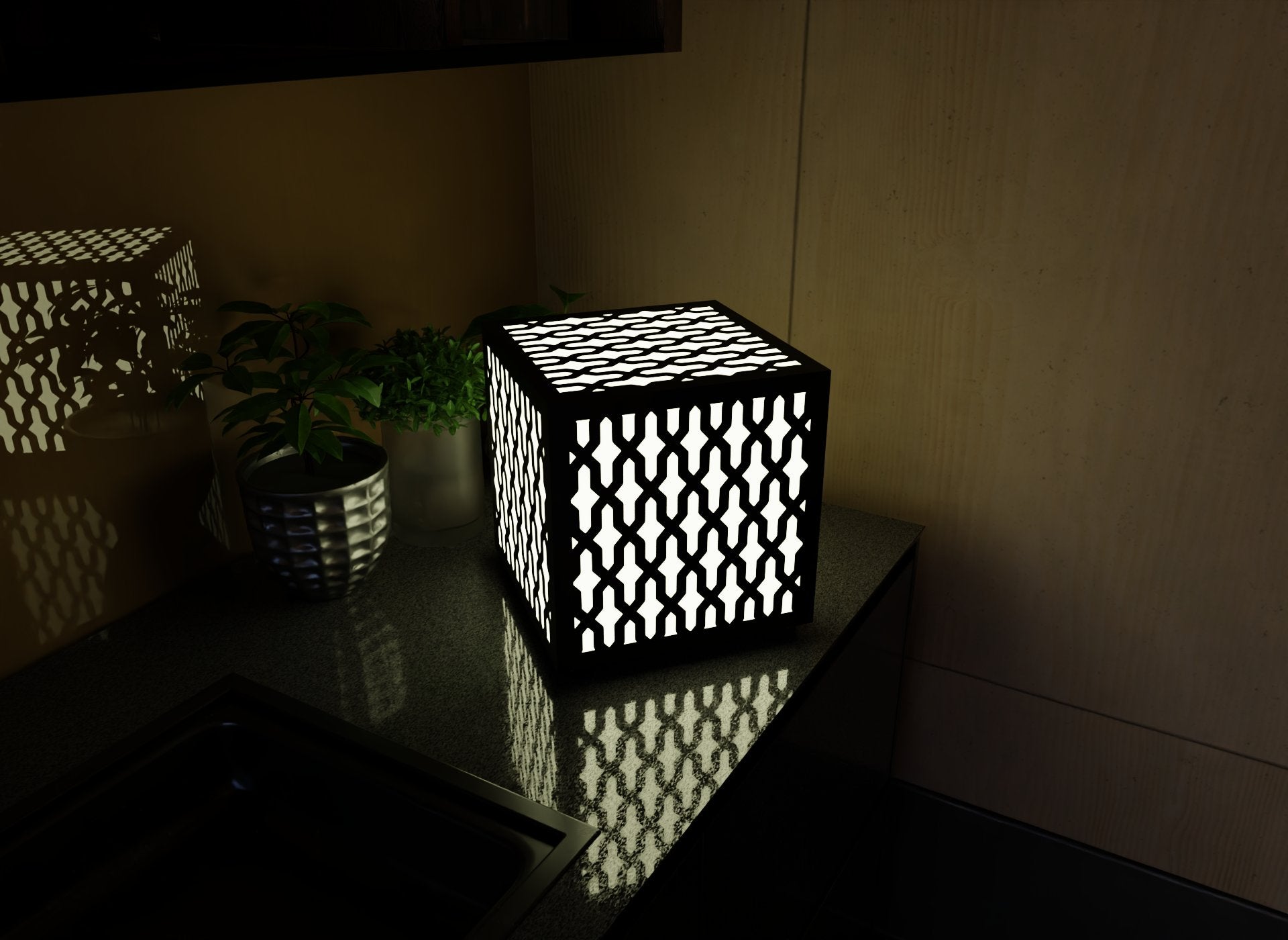 300mm metal cube lamp featuring an interlocking cut-out pattern, white plexiglass panels, and a textured black finish.