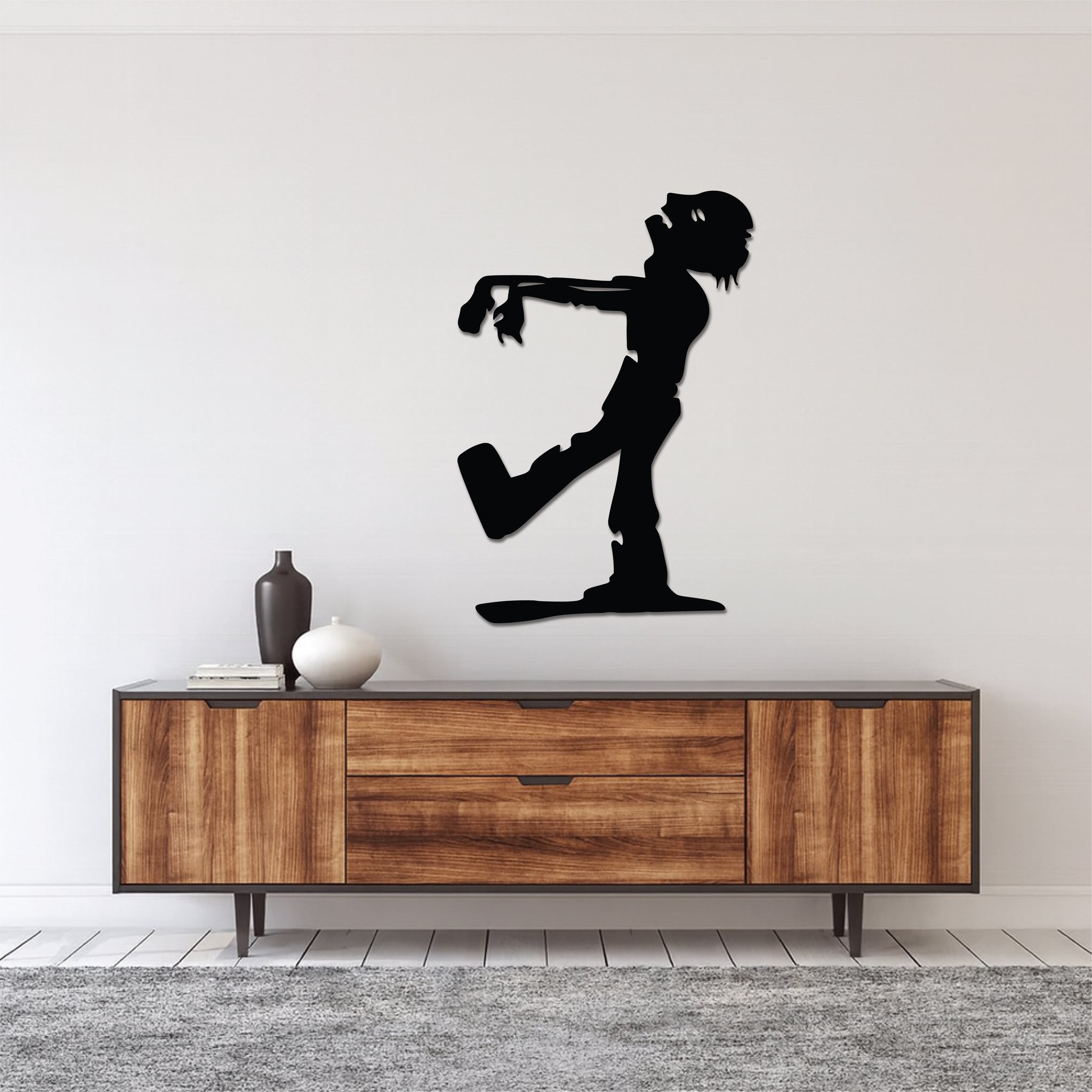 High-quality metal wall art featuring the "Zack The Zombie Metal Wall Art" crafted from durable steel with a sleek black powder-coated finish.