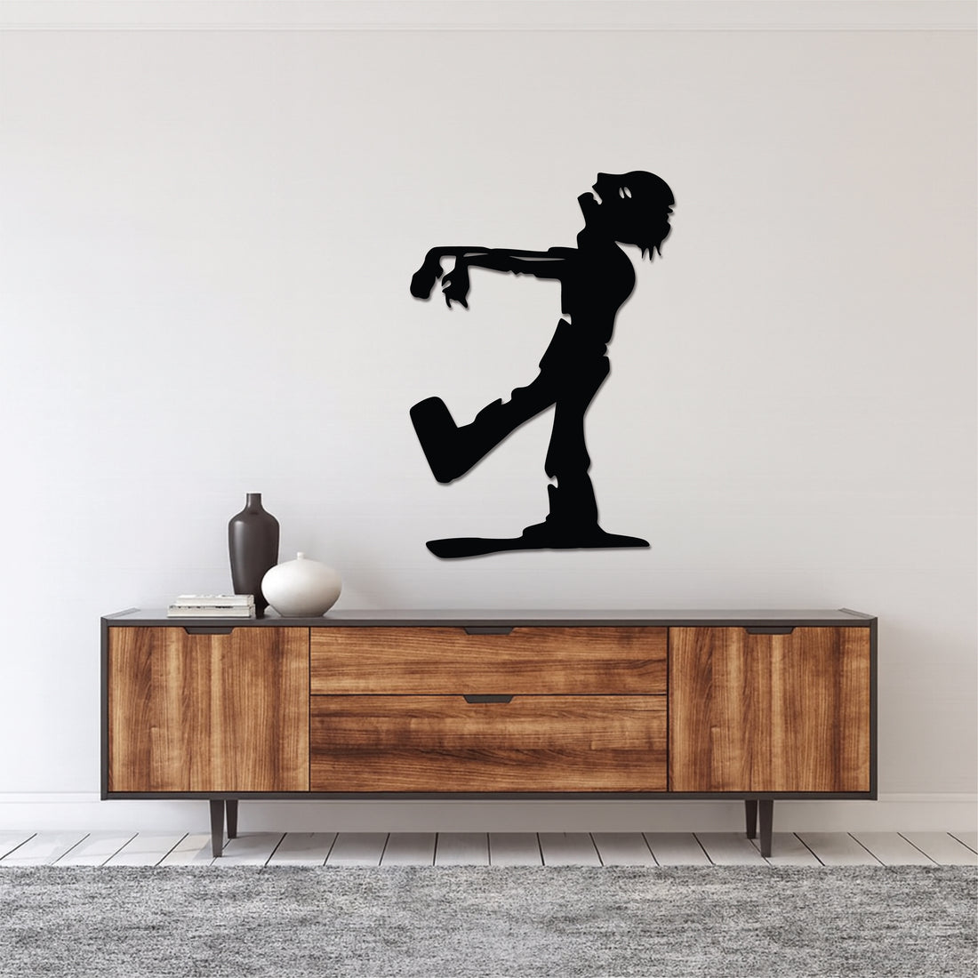High-quality metal wall art featuring the "Zack The Zombie Metal Wall Art" crafted from durable steel with a sleek black powder-coated finish.