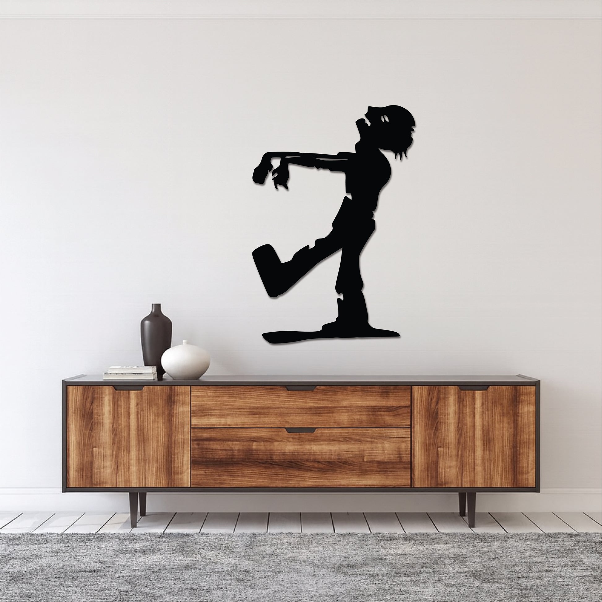 High-quality metal wall art featuring the "Zack The Zombie Metal Wall Art" crafted from durable steel with a sleek black powder-coated finish.