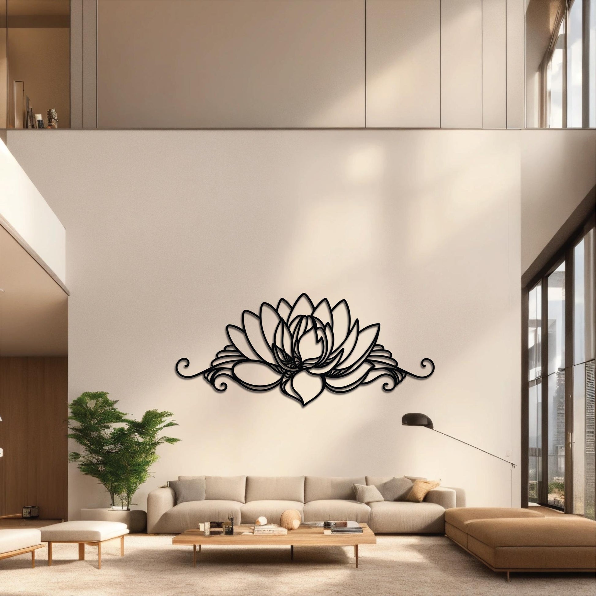 High-quality metal wall art featuring the "Living Lotus Metal Wall Art" crafted from durable steel with a sleek black powder-coated finish.