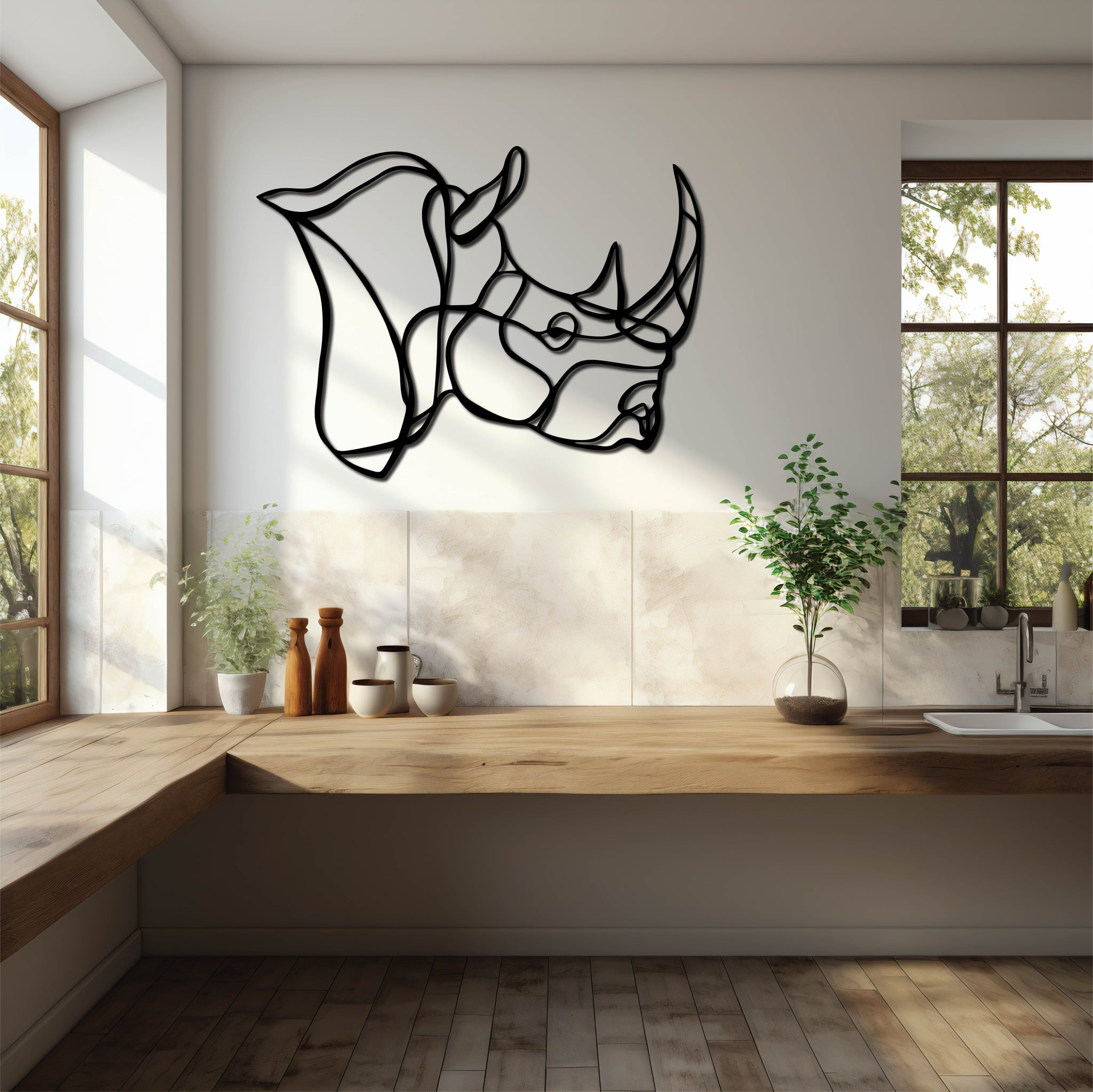 A bold, abstract rhino head metal wall art design mounted on a modern white wall in a kitchen with rustic wooden counters and natural light.