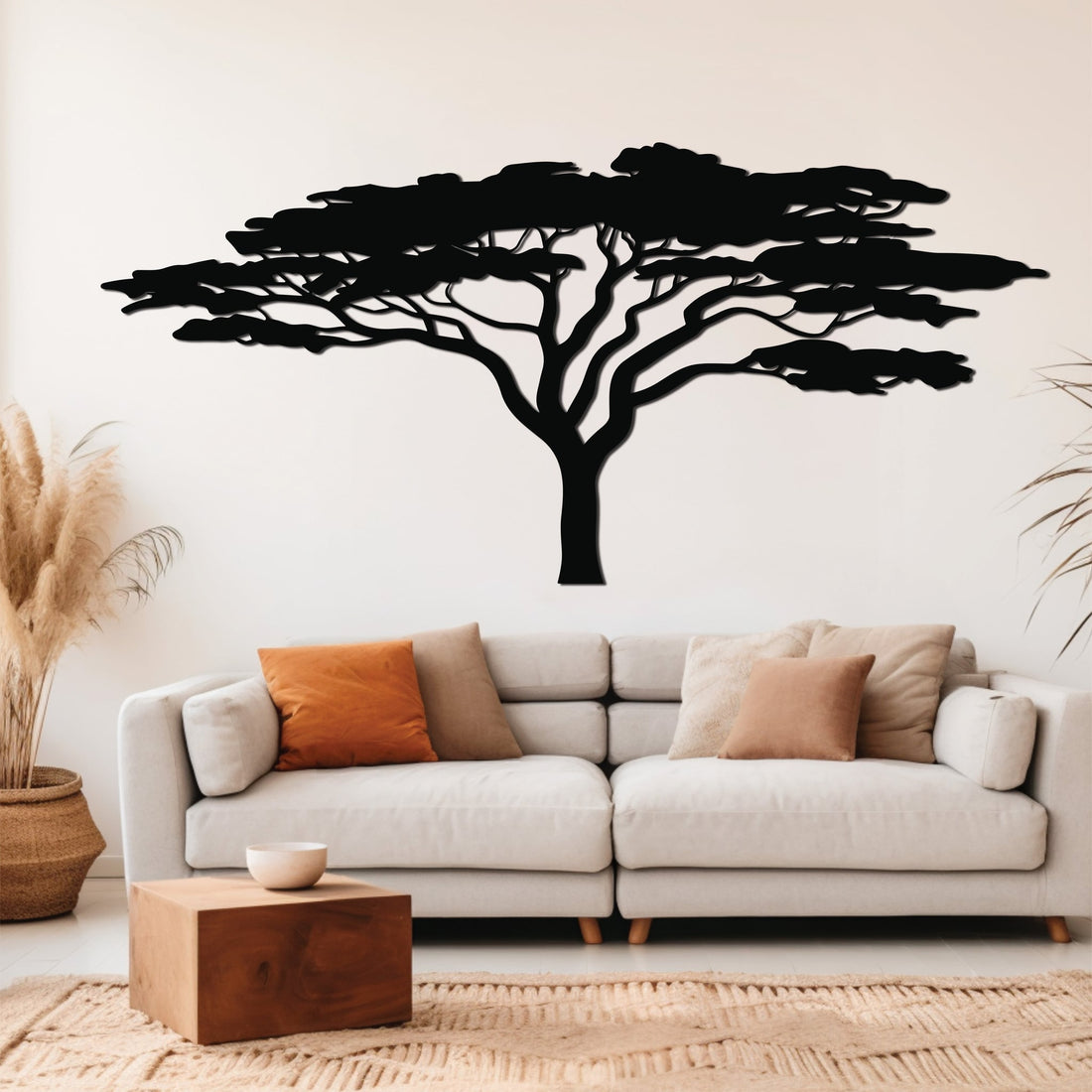 Sleek metal wall art of an Acacia Tree, cut with precision and coated for durability, perfect for adding modern elegance to any space.