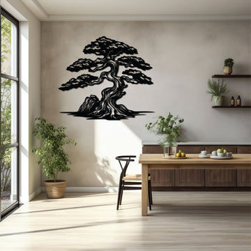 Detailed bonsai tree design in intricate metalwork, displayed on a neutral wall in a minimalist, contemporary home setting.