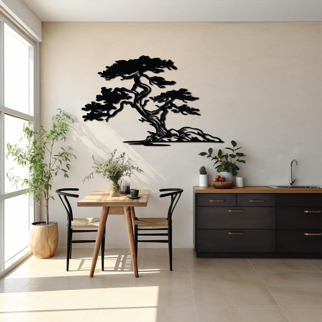 Detailed bonsai tree design in intricate metalwork, displayed on a neutral wall in a minimalist, contemporary home setting.