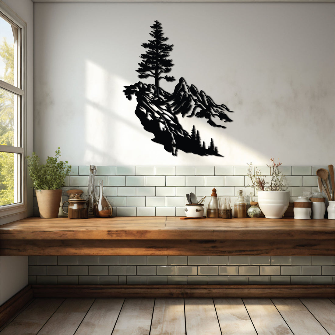 Featuring a stunning mountain landscape with a windswept pine tree, this piece is crafted from high-quality mild steel, perfect for adding a rustic yet modern touch to your space.