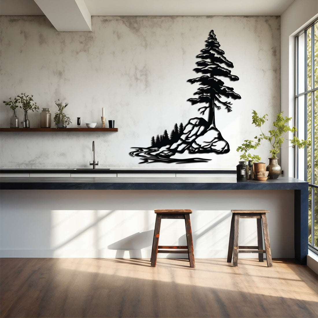 Featuring a stunning mountain landscape with a snow covered pine tree, this piece is crafted from high-quality mild steel, perfect for adding a rustic yet modern touch