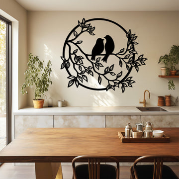 Sleek metal wall art of a Birds on a Branch, cut with precision and coated for durability, perfect for adding modern elegance to any space.