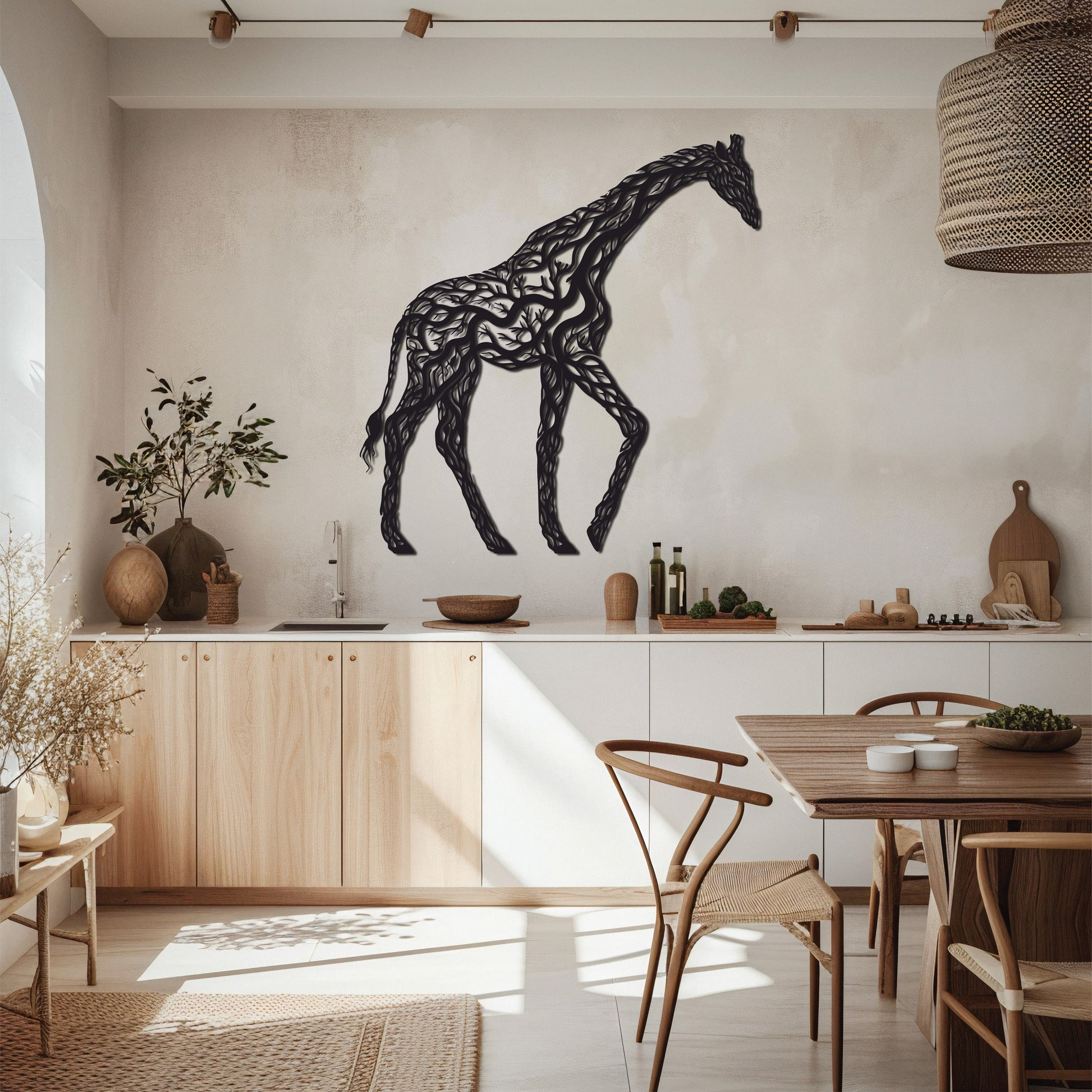 Sleek metal wall art of a Branch
Giraffe, cut with precision and coated for durability, perfect for adding modern elegance to any space.