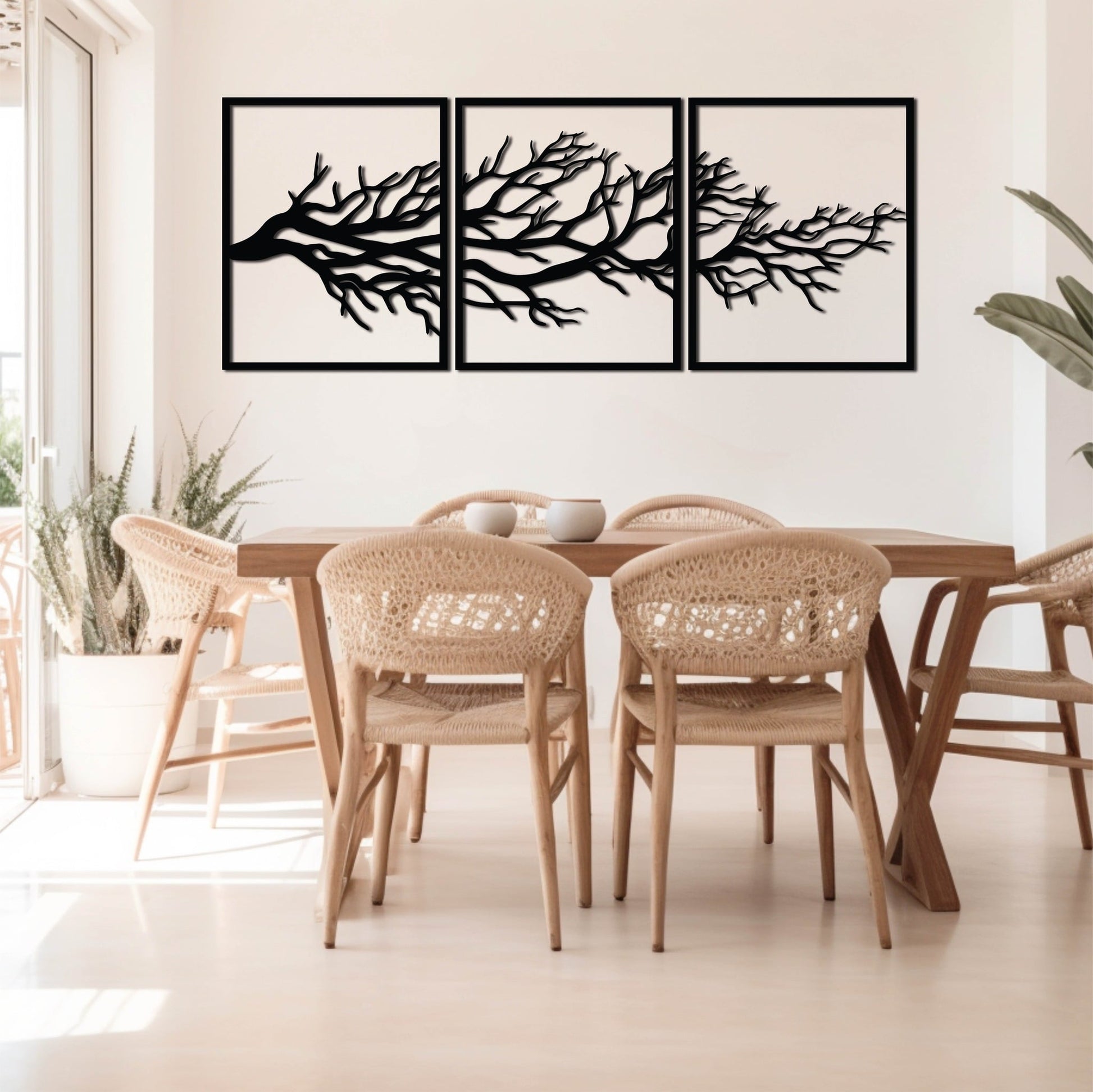 The "Branches Progressing" Metal Wall Art. A beautiful panel format art piece that has a rustic and soft atmosphere to it. Showcasing tree branches progressing through the frames symbolising growth through time.