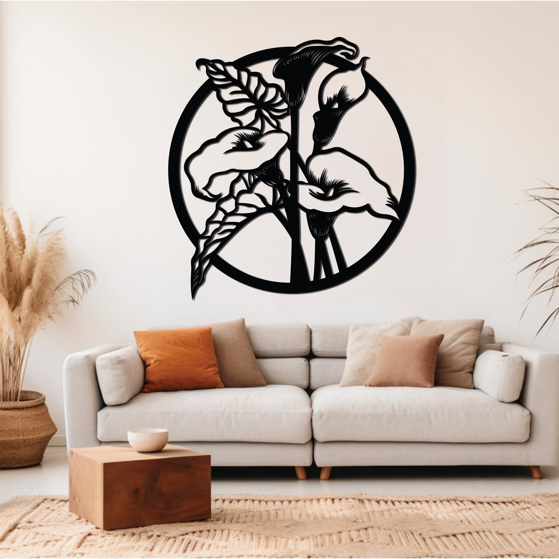 Sleek metal wall art of a Circle Flower Frame, cut with precision and coated for durability, perfect for adding modern elegance to any space.