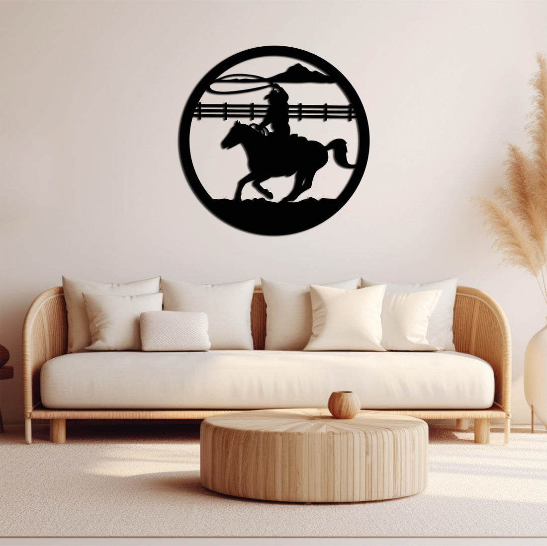 Dynamic metal wall art design of a cowboy riding a bucking horse, symbolising the thrill of rodeo, mounted in a rustic, western-inspired interior.