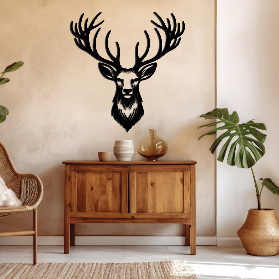 Sleek metal wall art of a Deer Head, cut with precision and coated for durability, perfect for adding modern elegance to any space.