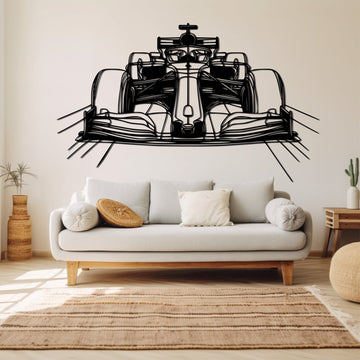 Sleek metal wall art of a Formula 1, cut with precision and coated for durability, perfect for adding modern elegance to any space.