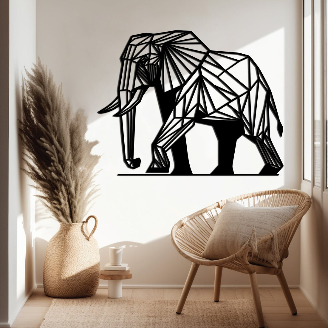 Sleek metal wall art of a Geometric Elephant, cut with precision and coated for durability, perfect for adding modern elegance to any space.