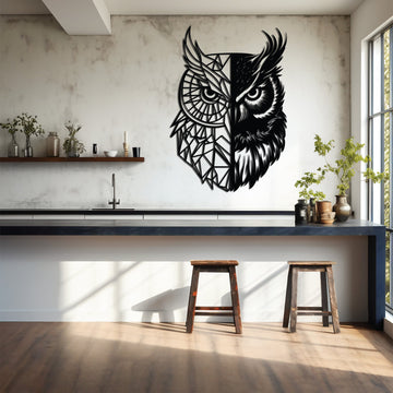 Sleek metal wall art of a Geometric Owl, cut with precision and coated for durability, perfect for adding modern elegance to any space.