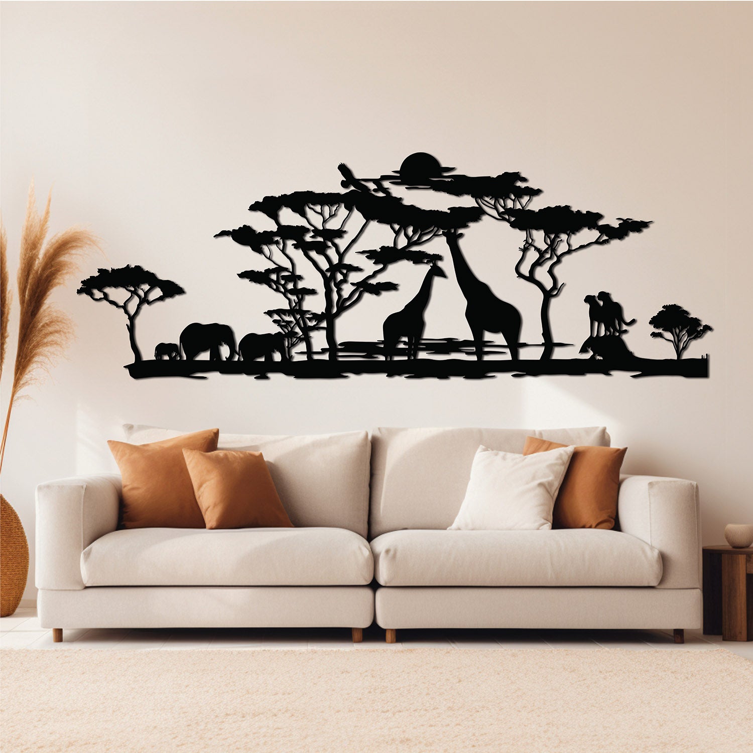 A black metal wall art design depicting the beauty of African wildlife, featuring some of the big 5.