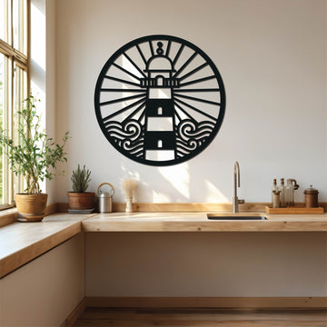 A black metal wall art design depicting a magnificent lighthouse in a geometric art style. Giving it a lovely rustic and aesthetic finish.