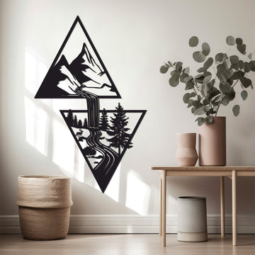 Sleek metal wall art of a Mountain River Panel, cut with precision and coated for durability, perfect for adding modern elegance to any space.