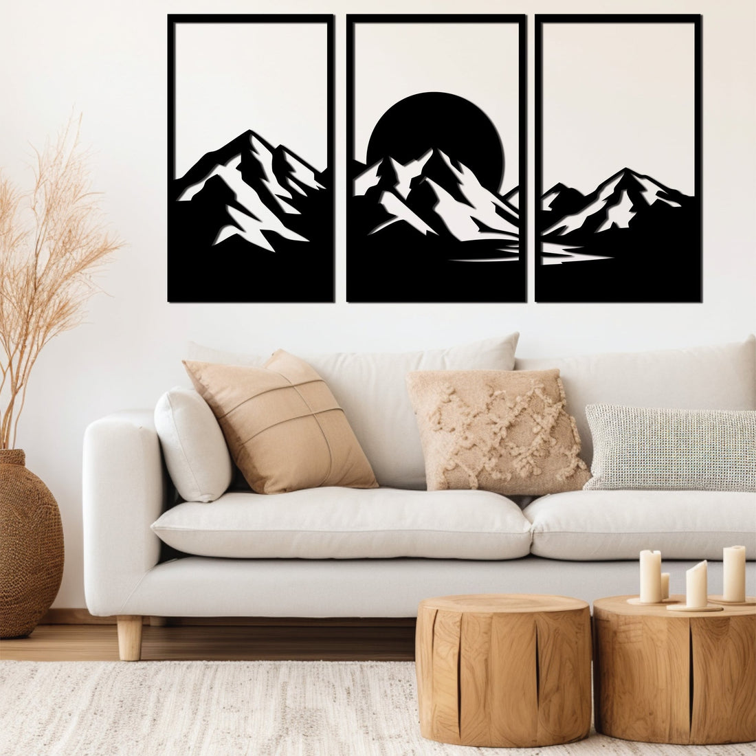 Sleek metal wall art of a Mountain Triptych, cut with precision and coated for durability, perfect for adding modern elegance to any space.