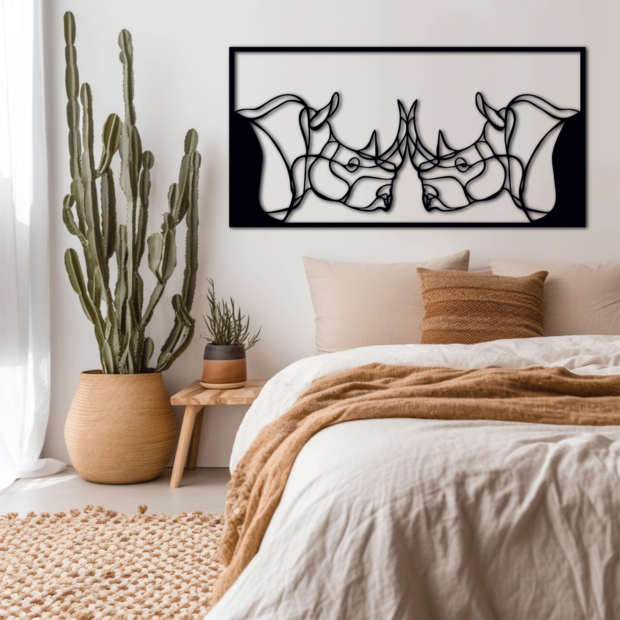 Two powerful rhinos clashing heads in a geometric line art style giving this piece a contemporary and abstract finish.