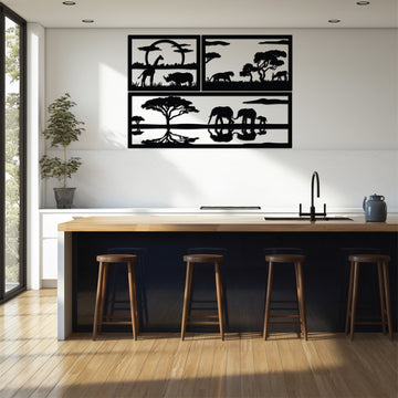 A set of three metal wall art frames. One frame depicts giraffes in the savannah, another shows elephants, and the third features a lion stalking a deer in the grass.