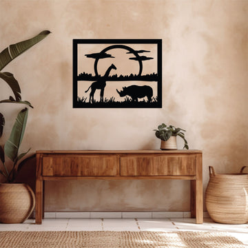 Metal wall art depicting a group of giraffes standing in a savannah landscape, designed with elegant minimalist lines.