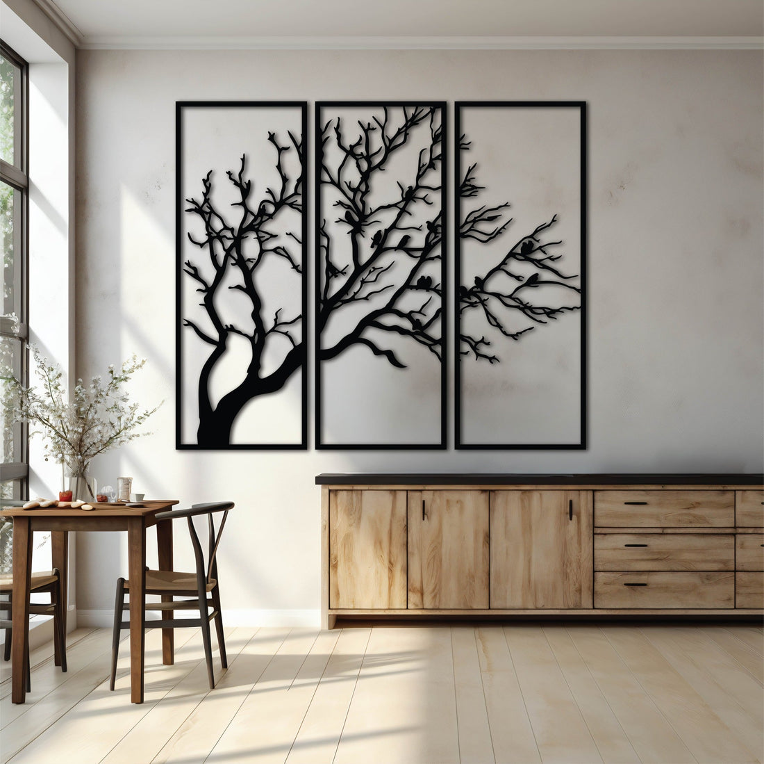 Three-panel metal wall art featuring the silhouette of a sprawling tree with intricate branches spread across all three panels.