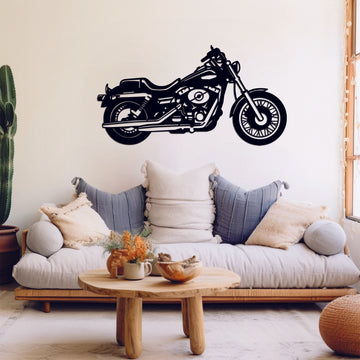 Metal wall art of a vintage chopper motorcycle with detailed curves and components, ideal for motorcycle enthusiasts.