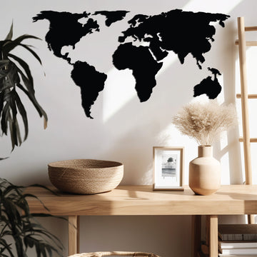 Sleek metal wall art of a World Map, cut with precision and coated for durability, perfect for adding modern elegance to any space.