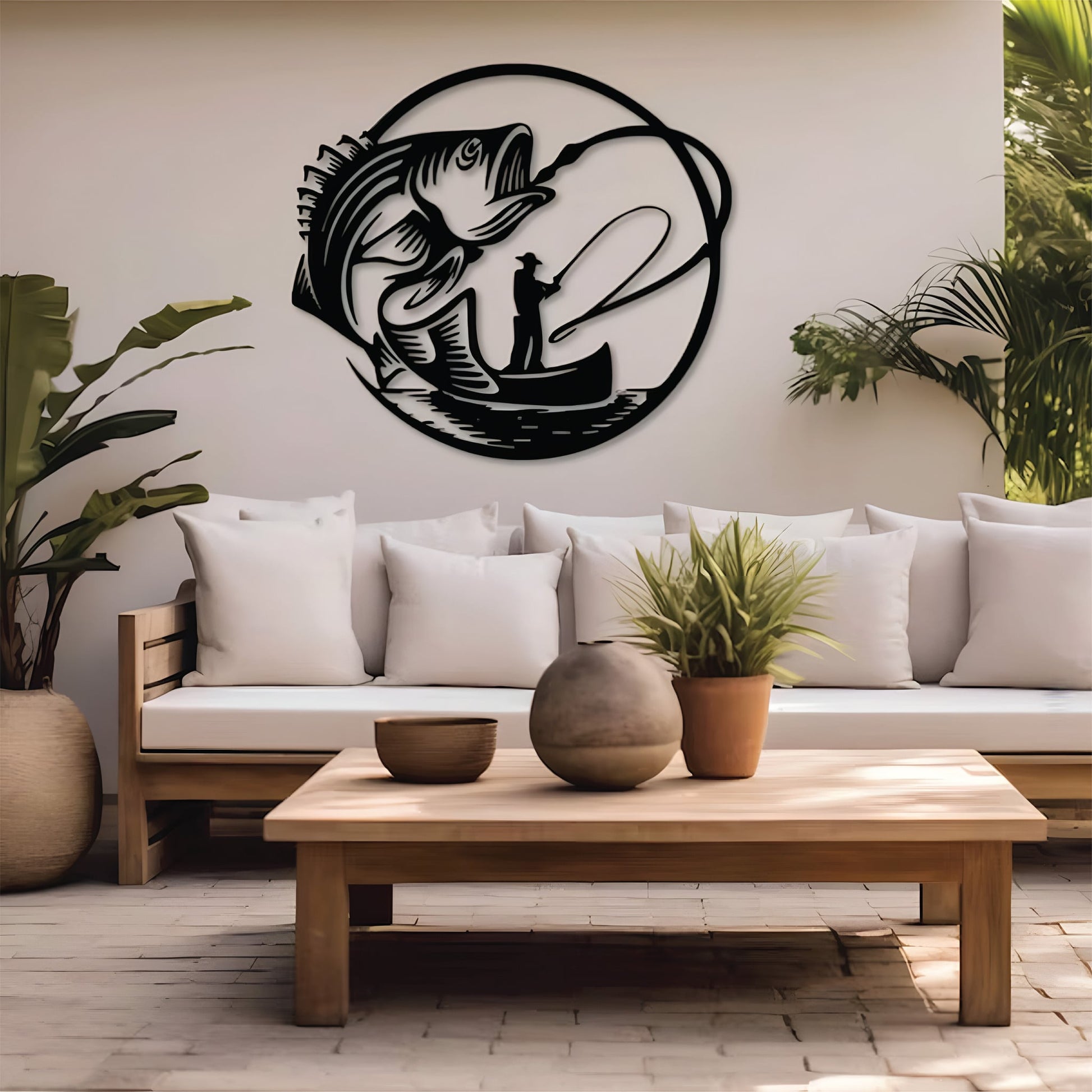 Fishing-themed metal wall art showcasing a fisherman and his catch, perfect for rustic or nature-inspired decor.