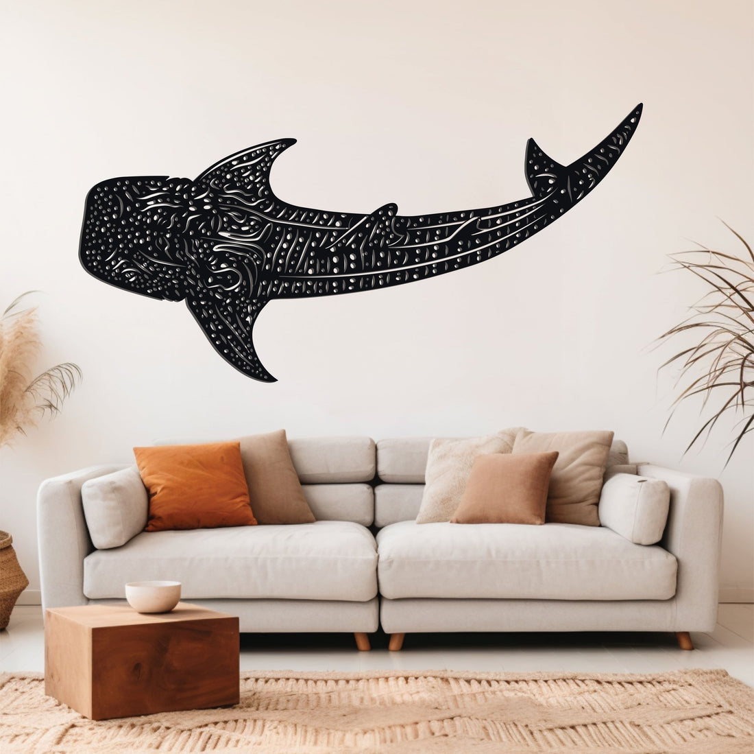 Metal whale shark wall art featuring a sleek, elegant design perfect for marine life enthusiasts and modern decor.