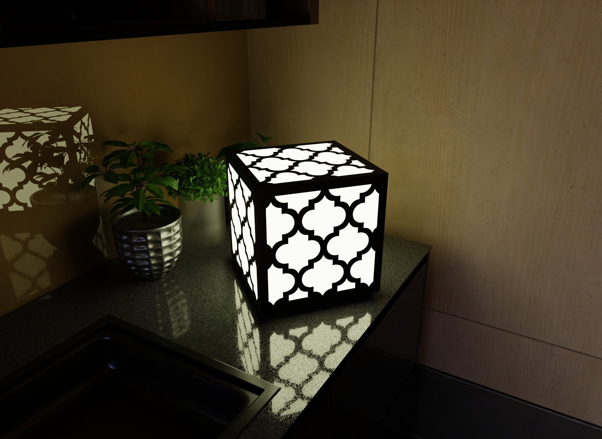 300mm metal cube lamp featuring a Moroccan trellis cut-out pattern, white plexiglass panels, and a textured black finish.