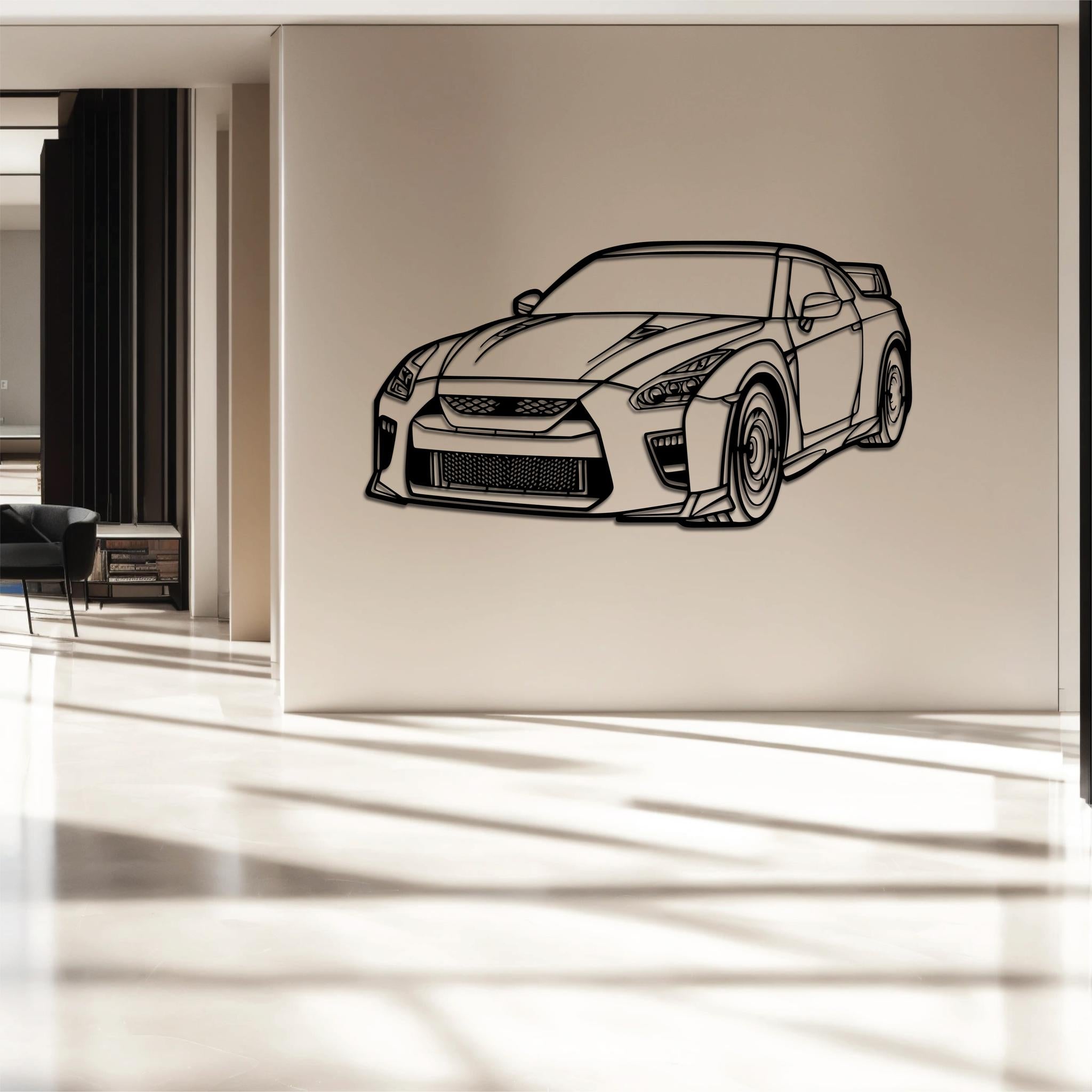 High-quality metal wall art featuring the "Nissan GTR Metal Wall Art" crafted from durable steel with a sleek black powder-coated finish.