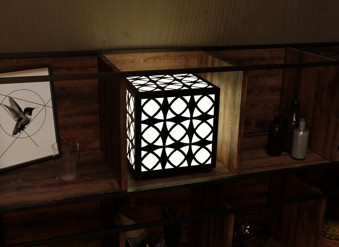 300mm metal cube lamp featuring an orb grid cut-out pattern, white plexiglass panels, and a textured black finish. 