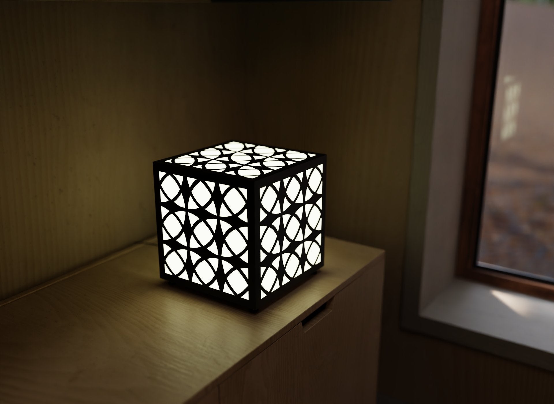 300mm metal cube lamp featuring an orb grid cut-out pattern, white plexiglass panels, and a textured black finish. 