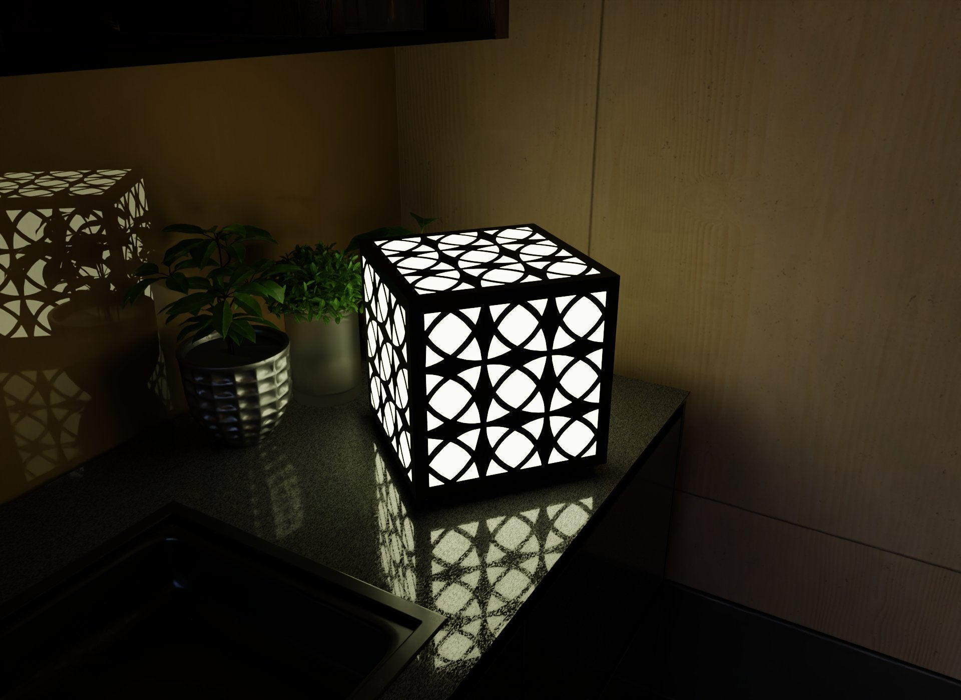 300mm metal cube lamp featuring an orb grid cut-out pattern, white plexiglass panels, and a textured black finish. 