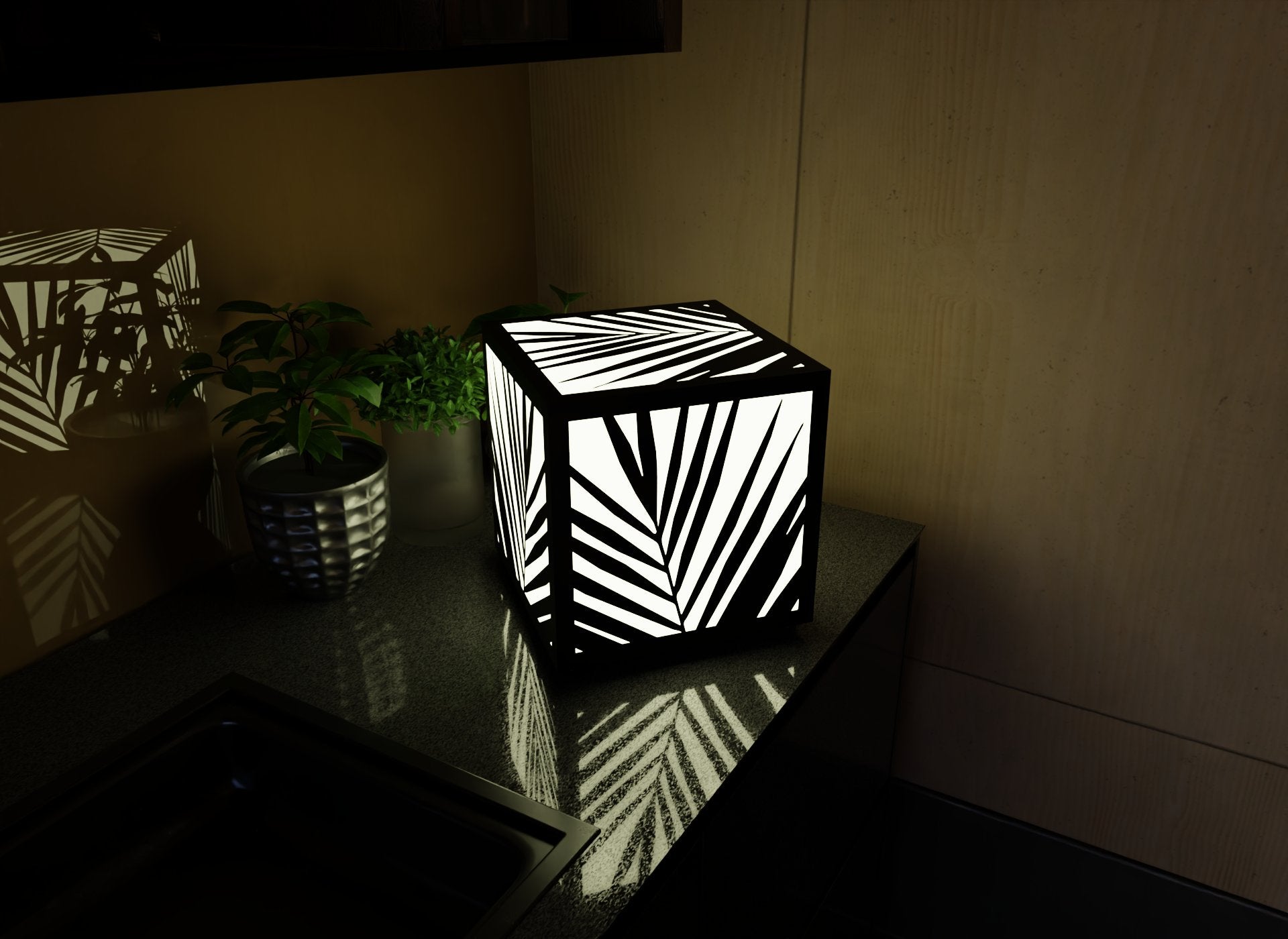 300mm metal cube lamp featuring a palm shadow grid cut-out pattern, white plexiglass panels, and a textured black finish.